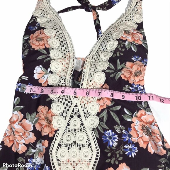 Kona Sol Womens Size Small Swimsuit One Piece Lace Trim Black Multi Floral New - Picture 9 of 11